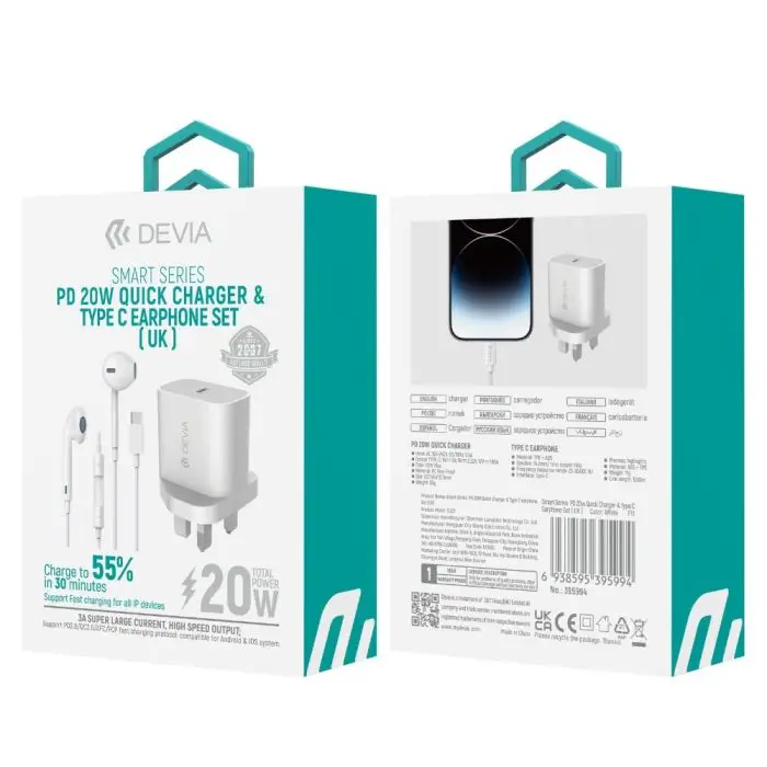 Smart Series PD 20W Quick Charger & Type-C Earphone Set(UK) - Image 2