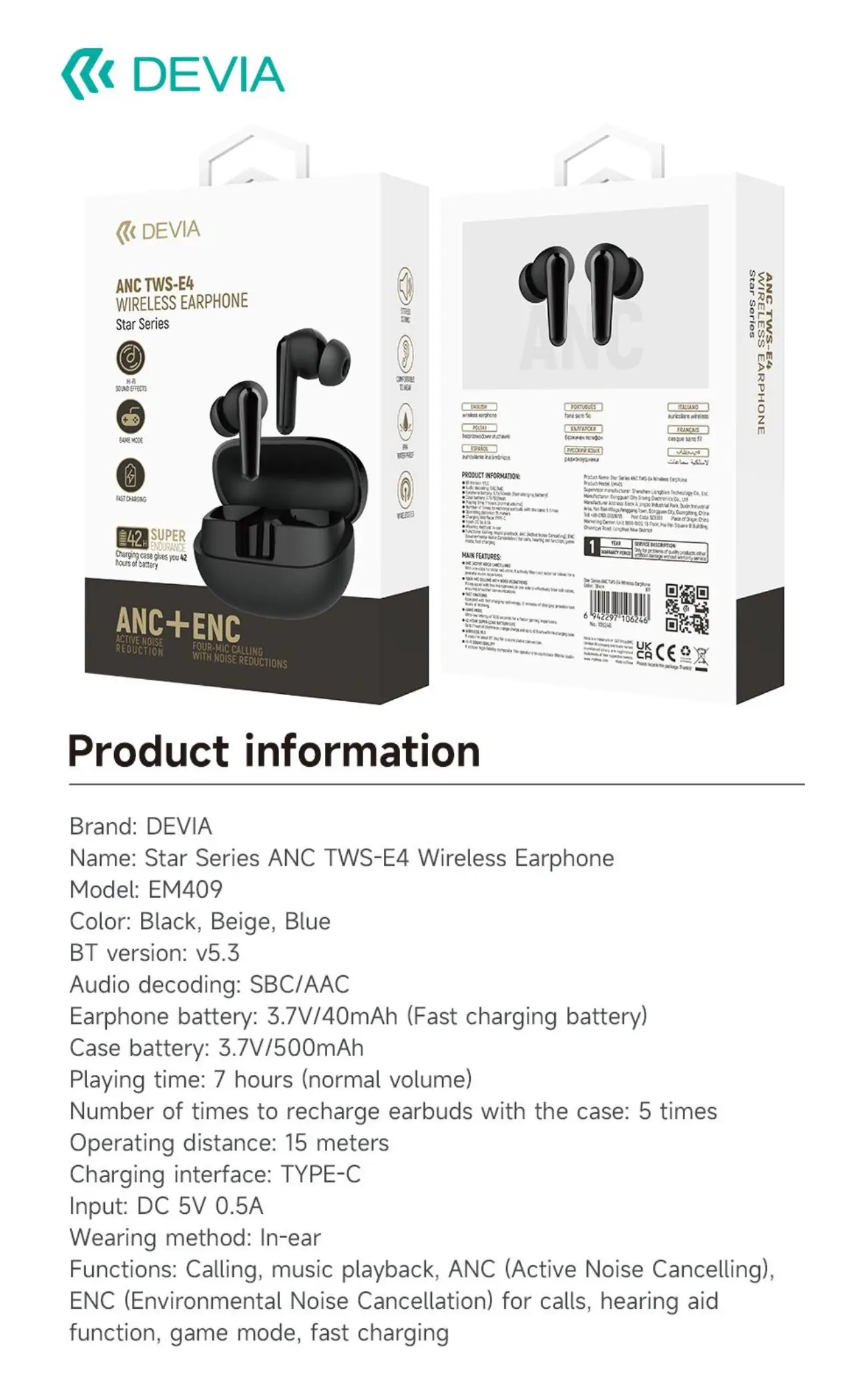 Star Series ANC TWS-E4 Wireless Earphone