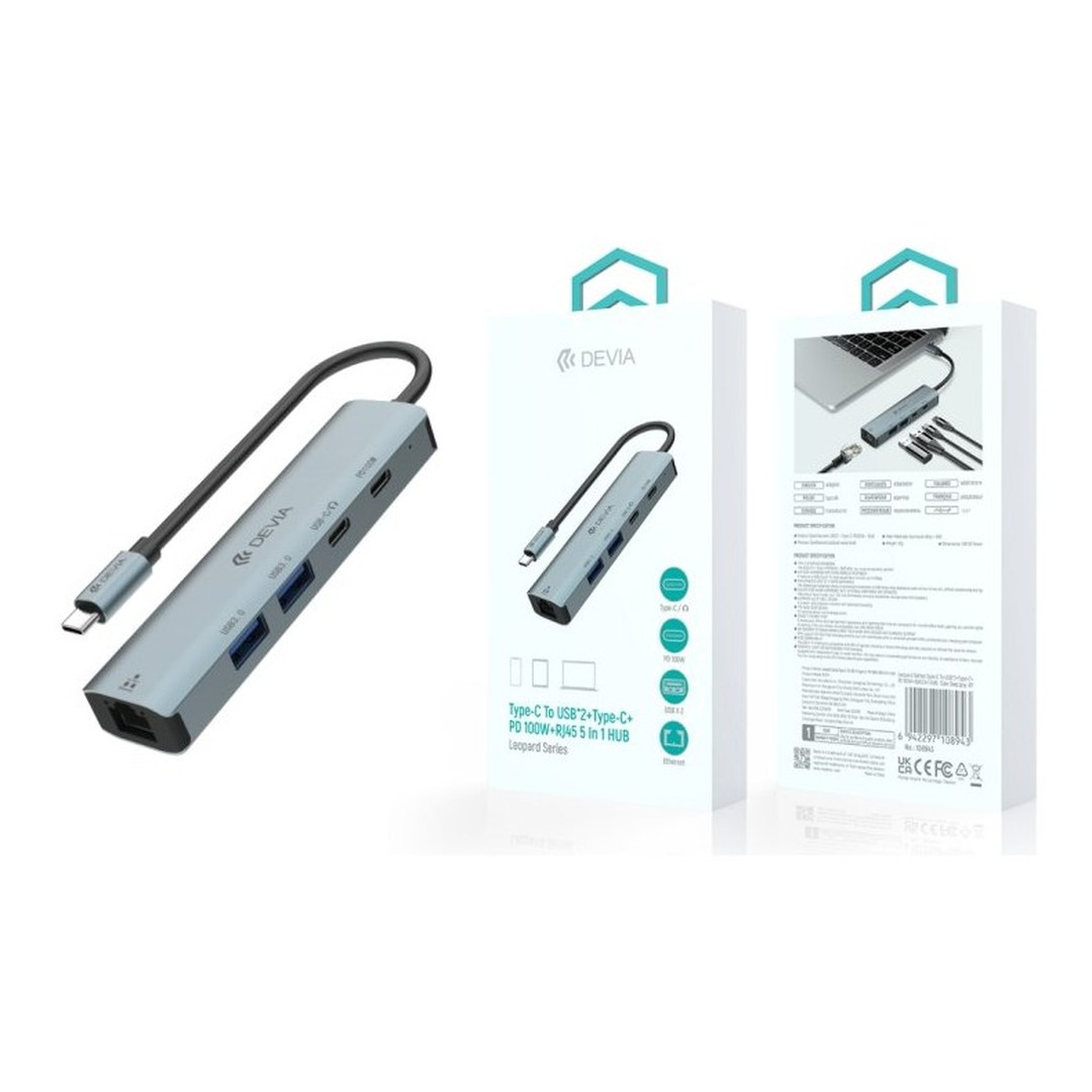 Leopard Series Type-C To USB*2+Type-C+PD 100W+RJ45 5 In 1 HUB Leopard Series Type-C To USB*2+Type-C+PD 100W+RJ45 5 In 1 HUB