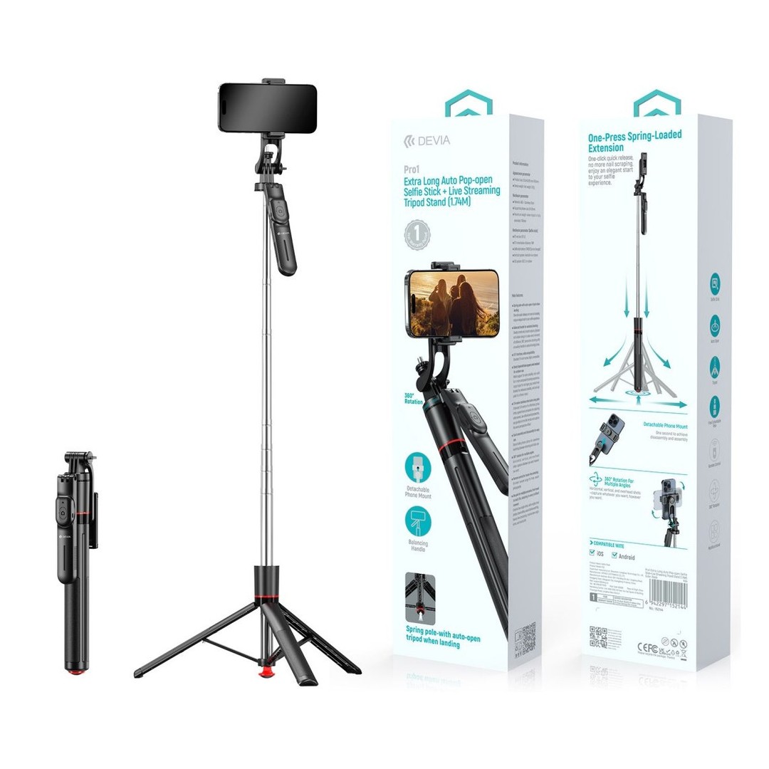Pro1 Extra Long Auto Pop-open Selfie Stick + Live Streaming Tripod Stand (1.74M) Pro1 Extra Long Auto Pop-open Selfie Stick + Live Streaming Tripod Stand (1.74M)