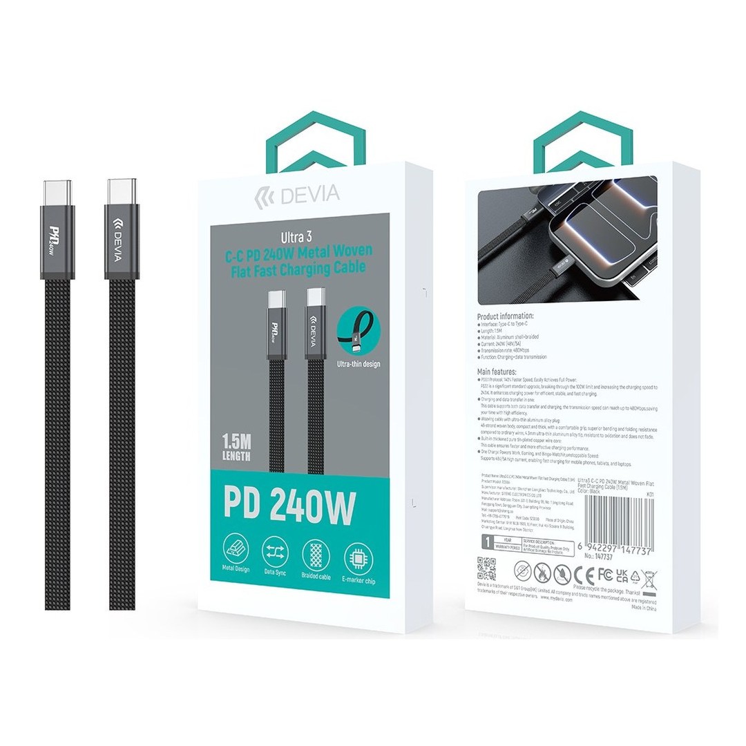 Ultra3 C-C PD 240W Metal Woven Flat Fast Charging Cable (1.5M) Ultra3 C-C PD 240W Metal Woven Flat Fast Charging Cable (1.5M)